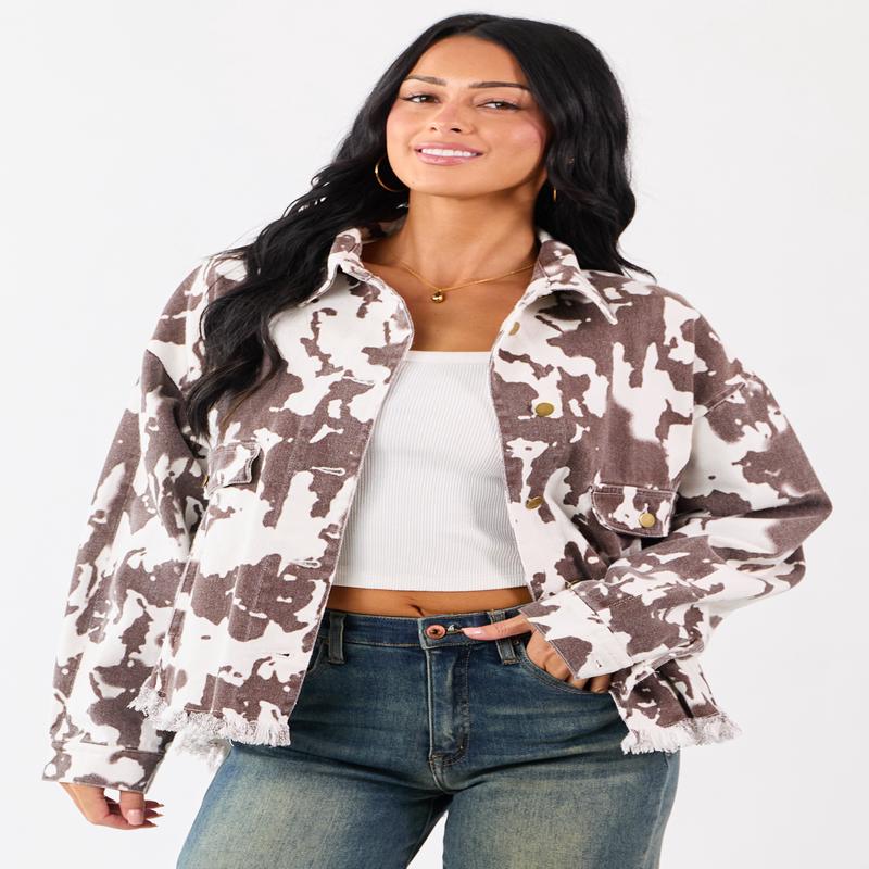 Cocoa Cow Print Denim Fringe Hem Button Down Shacket