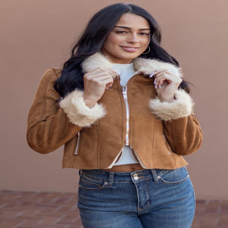 Cognac Faux Suede Fur Collar Zip Up Jacket