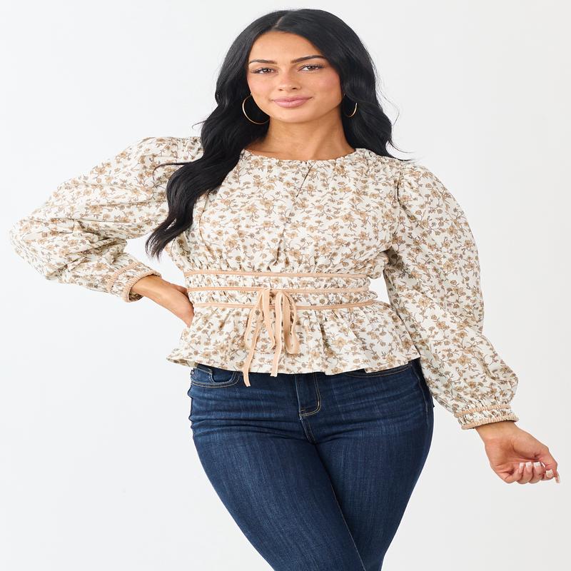 Cream Floral Smocked Waist Peplum Cotton Top