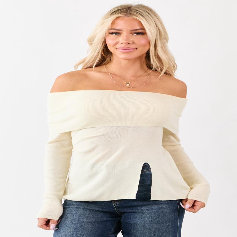 Cream Off Shoulder Wool Blend Side Slit Knit Top