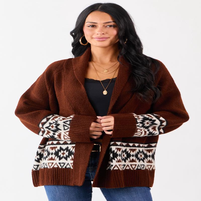 Dark Spice Aztec Pattern Open Front Knit Cardigan
