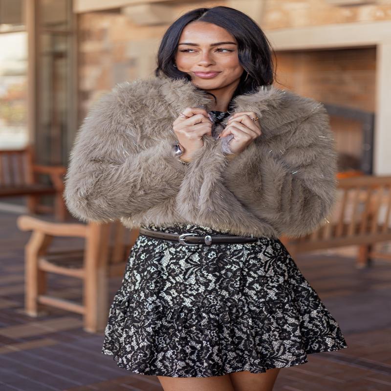 Dove Grey Faux Fur Tinsel Blend Cropped Jacket