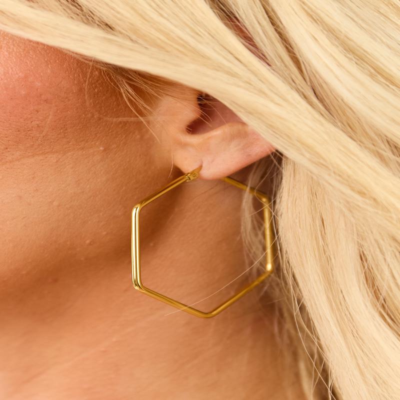 Gold Hexagon Large Hoop Earrings