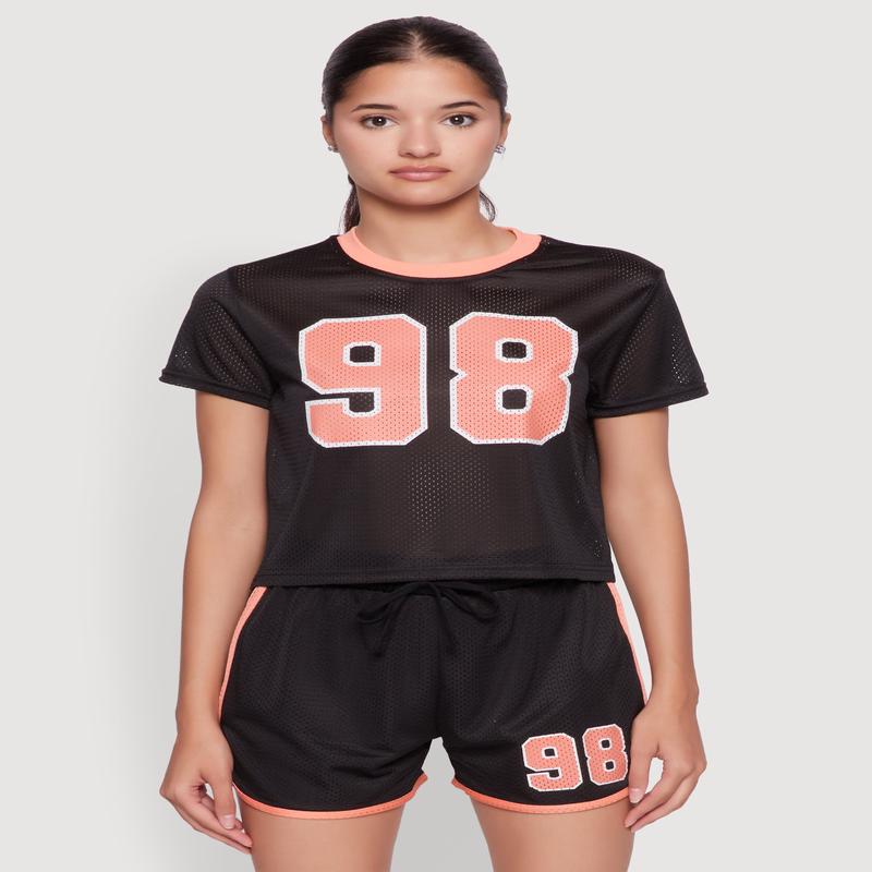 Graphic Jersey Mesh Crew Neck Top