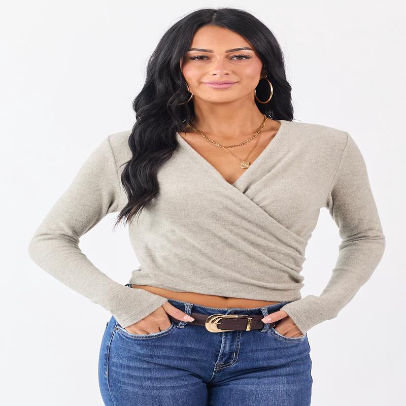 Heathered Oatmeal Surplice Long Sleeve Knit Top