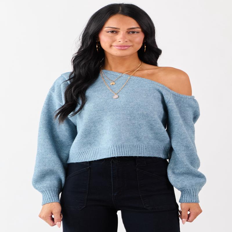 Heathered Ocean Asymmetrical One Shoulder Sweater