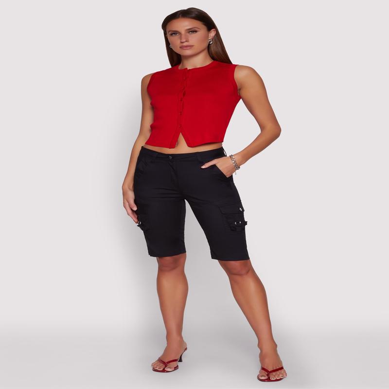 High Waisted Cargo Pocket Bermuda Shorts