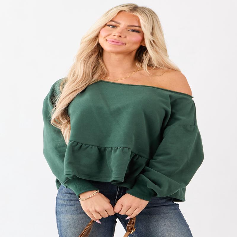Hunter Green One Shoulder Peplum Relaxed Sweatshirt Top