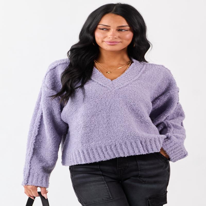 Lavender Fuzzy Knit V-Neck Exposed Seam Sweater