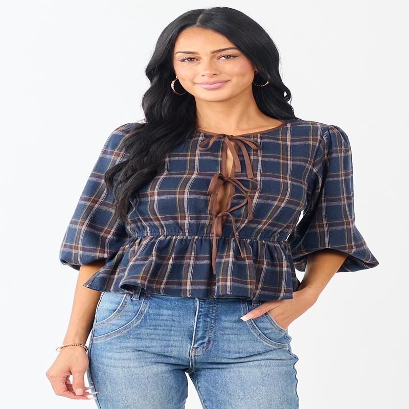 Navy Plaid Peplum Front Tie 3/4 Sleeve Top