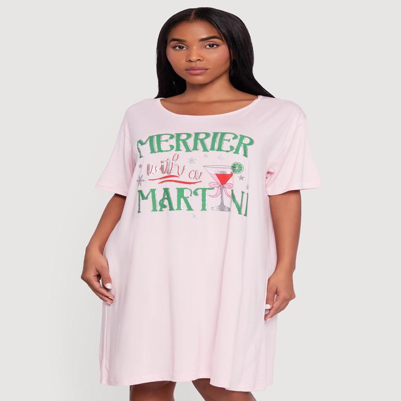Oversized Merrier With A Martini Graphic Sleep Shirt