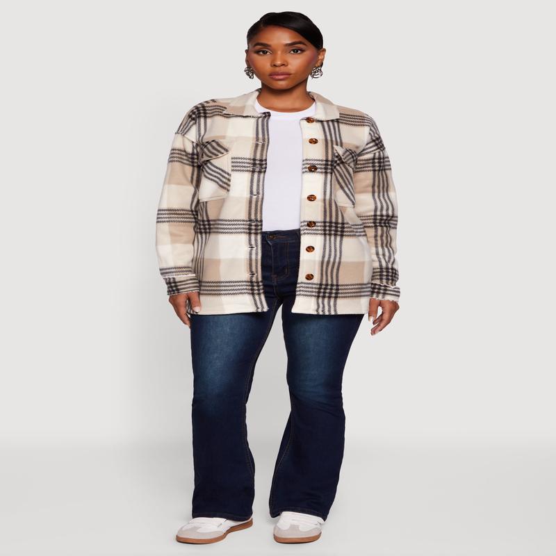 Plaid Sherpa Lined Fleece Long Sleeve Button Front Jacket