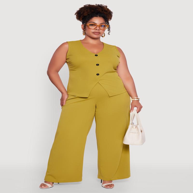 Plus Size Crepe Knit High Waisted Wide Leg Pants