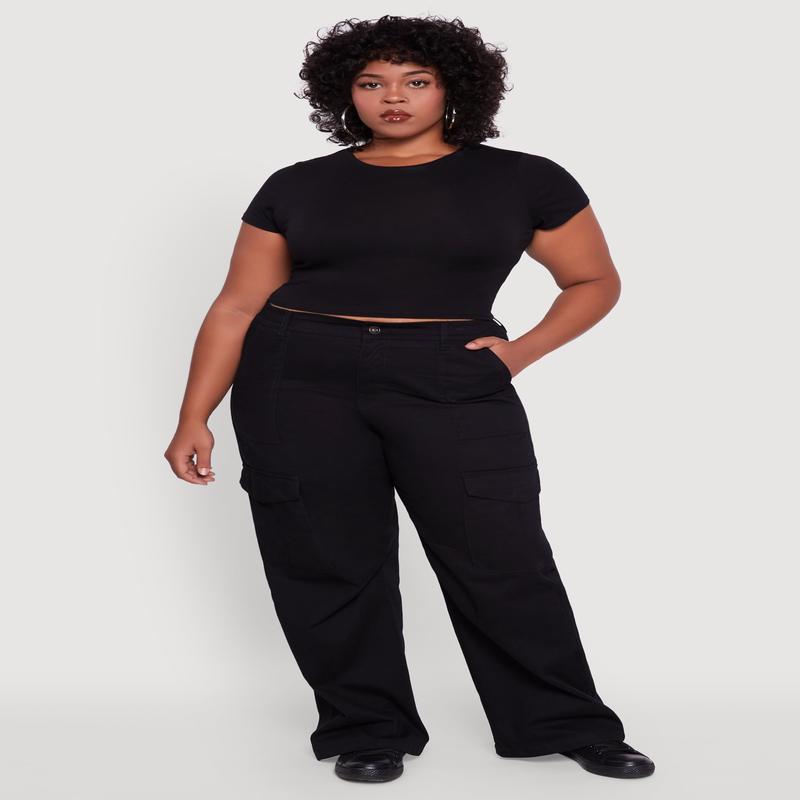 Plus Size High Waisted Twill Wide Leg Cargo Pants