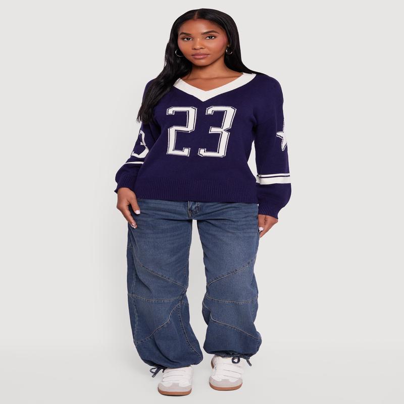 Ribbed Knit 23 Graphic V Neck Sweater