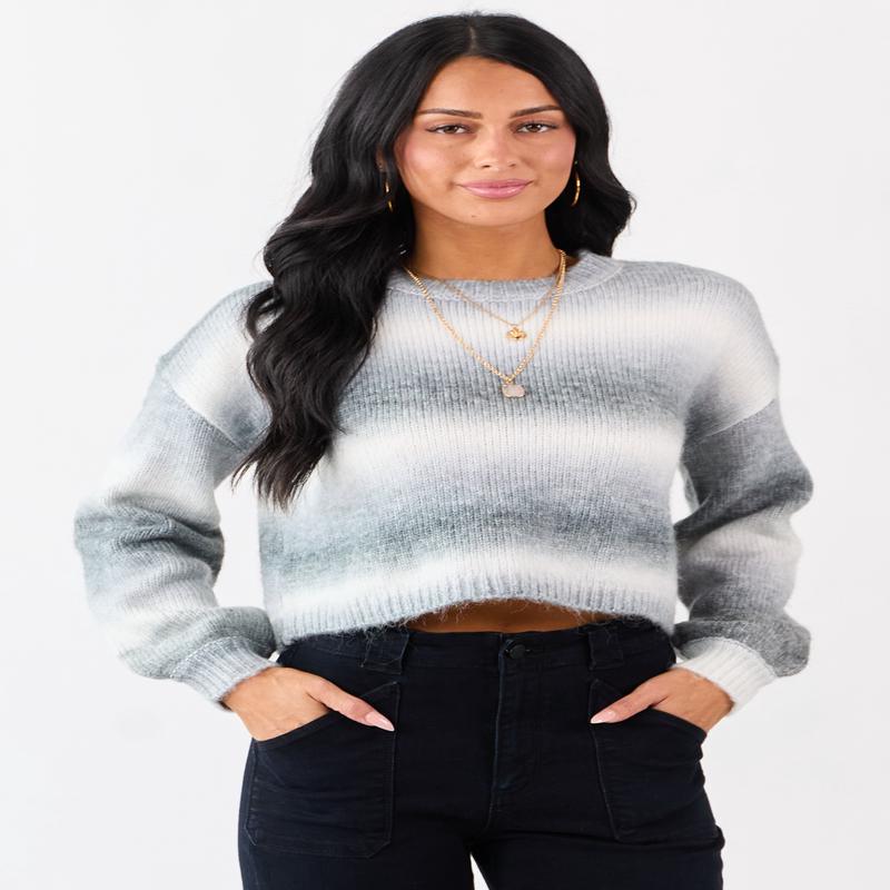 Steel Ombre Wool Blend Cropped Rib Knit Sweater