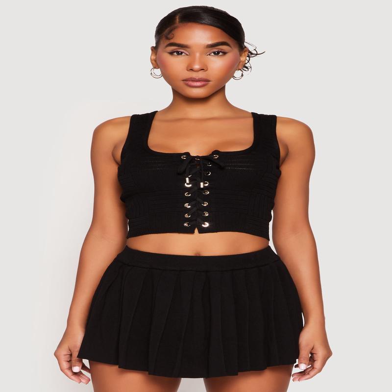 Textured Knit Pointelle Lace Up Crop Top