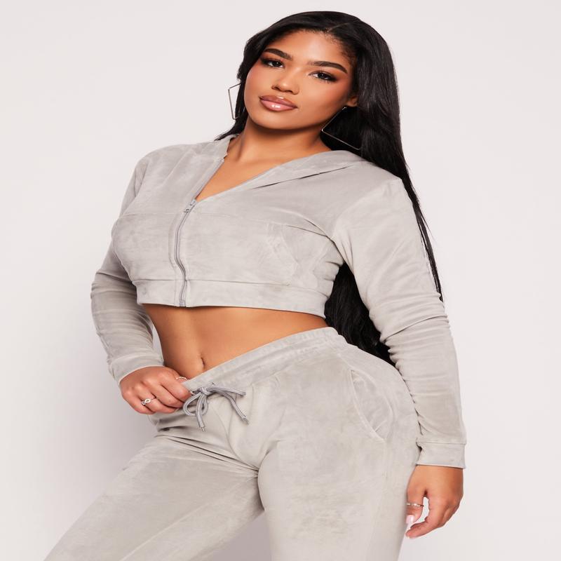 Velour Zip Front Cropped Hoodie