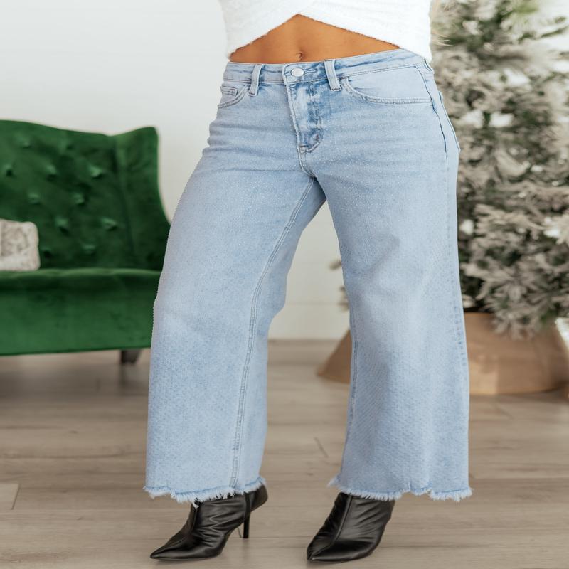 Vervet Light Wash Rhinestone Wide Leg Stretch Jeans