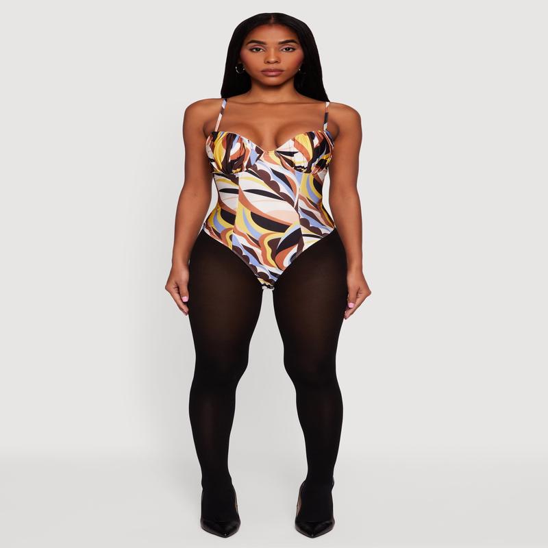 Abstract Print Satin Sweetheart Neck Bodysuit