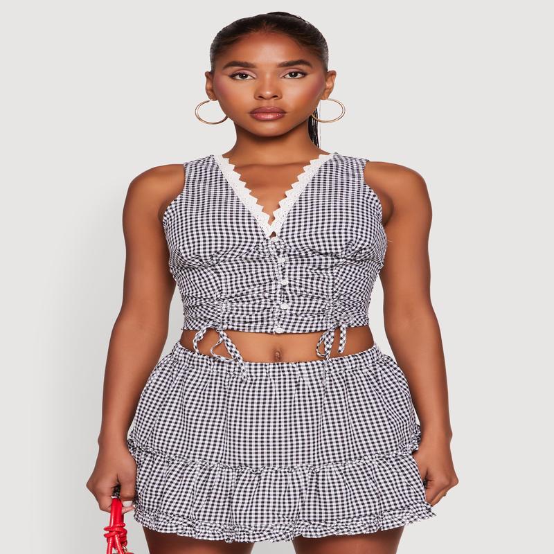 Almost Famous Gingham Button Front Crop Top