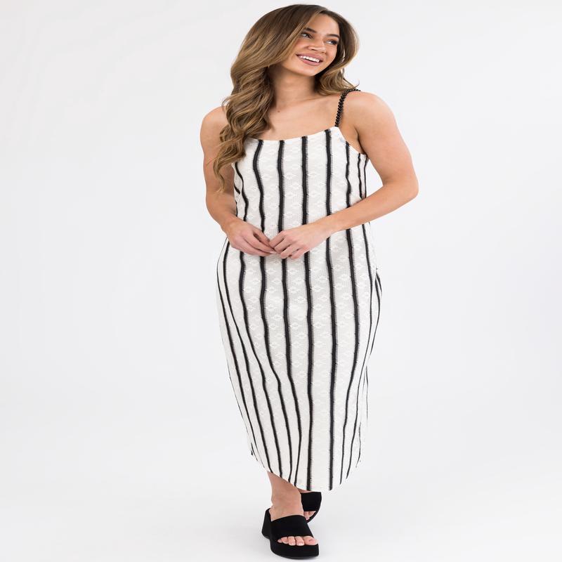 Black and Ivory Striped Bead Strap Maxi Dress