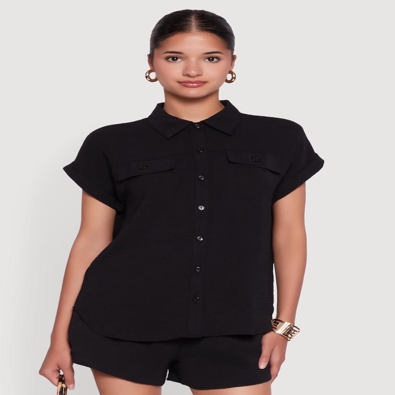 Chic Crepe Knit Button Front Shirt with Flap Pockets