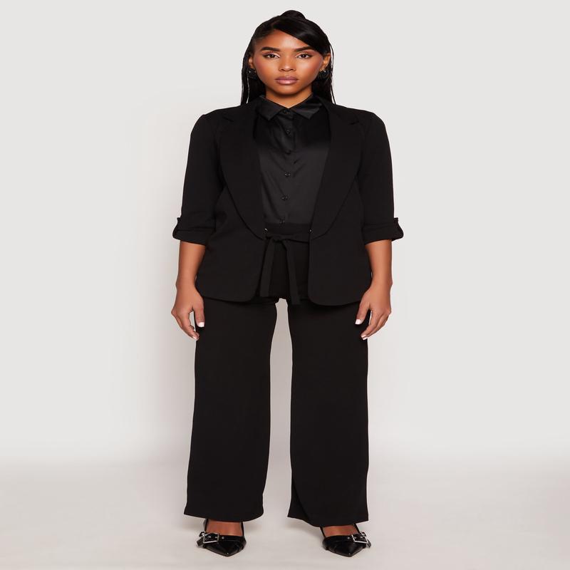 Crepe Knit Belted Front Wide Leg Pants