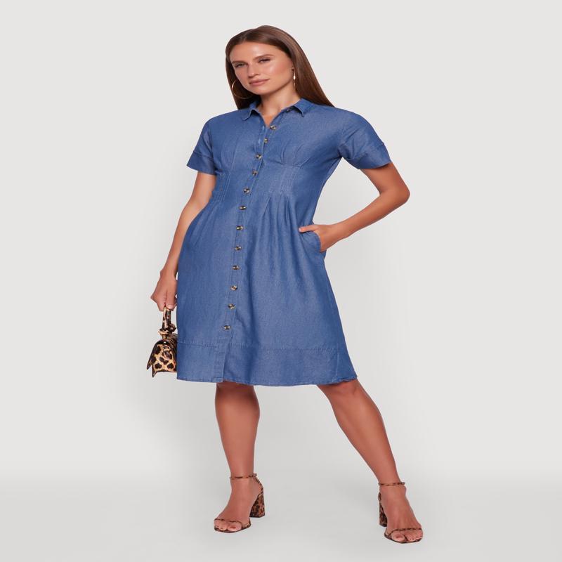 Denim Button Front Midi Shirt Dress