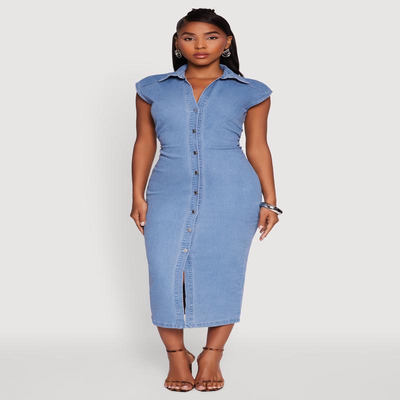 Haute Monde Button Front Cap Sleeve Denim Dress