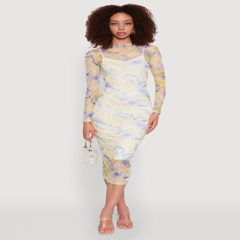 Marble Print Mesh Long Sleeve Midi Dress