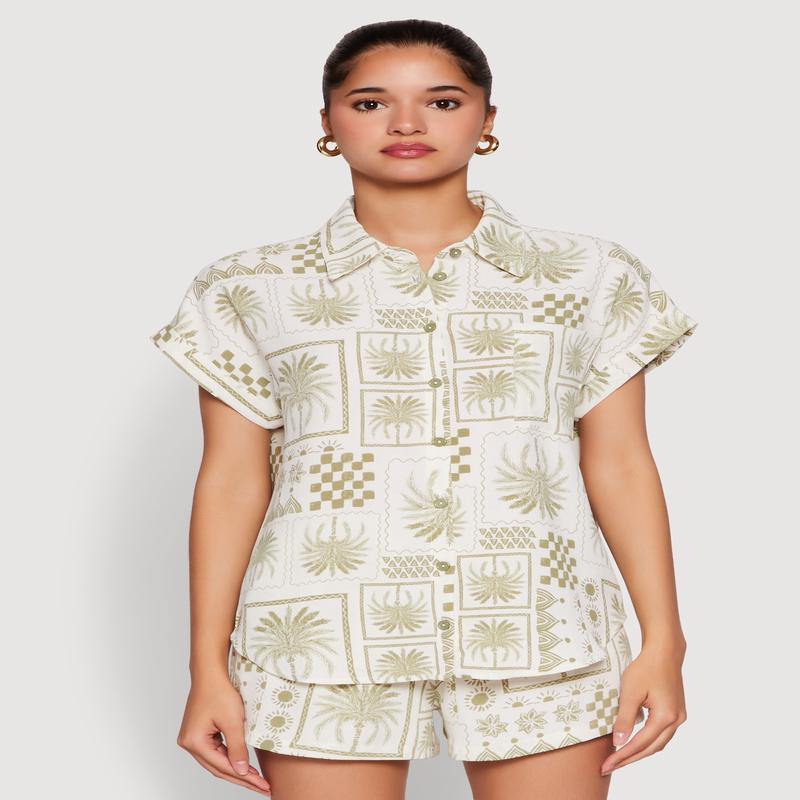 Palm Tree Print Fixed Cuff Shirt