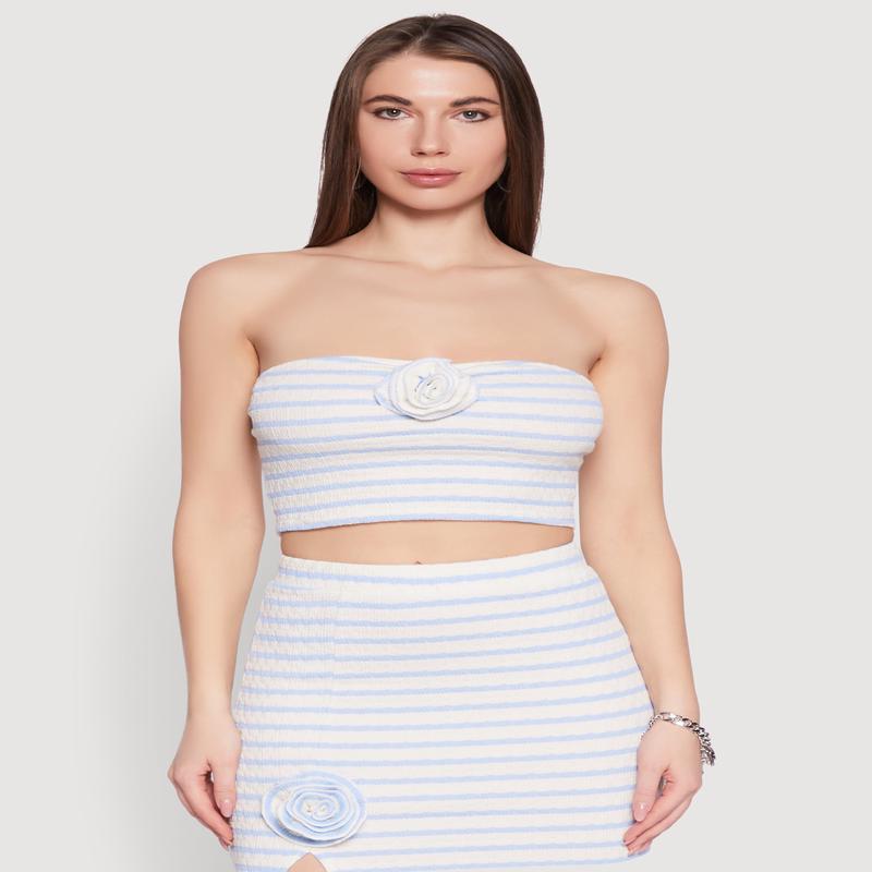 Rosette Detail Striped Tube Top
