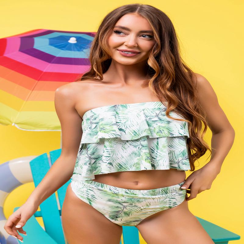Sage Leaf Print Strapless Ruffled Tankini