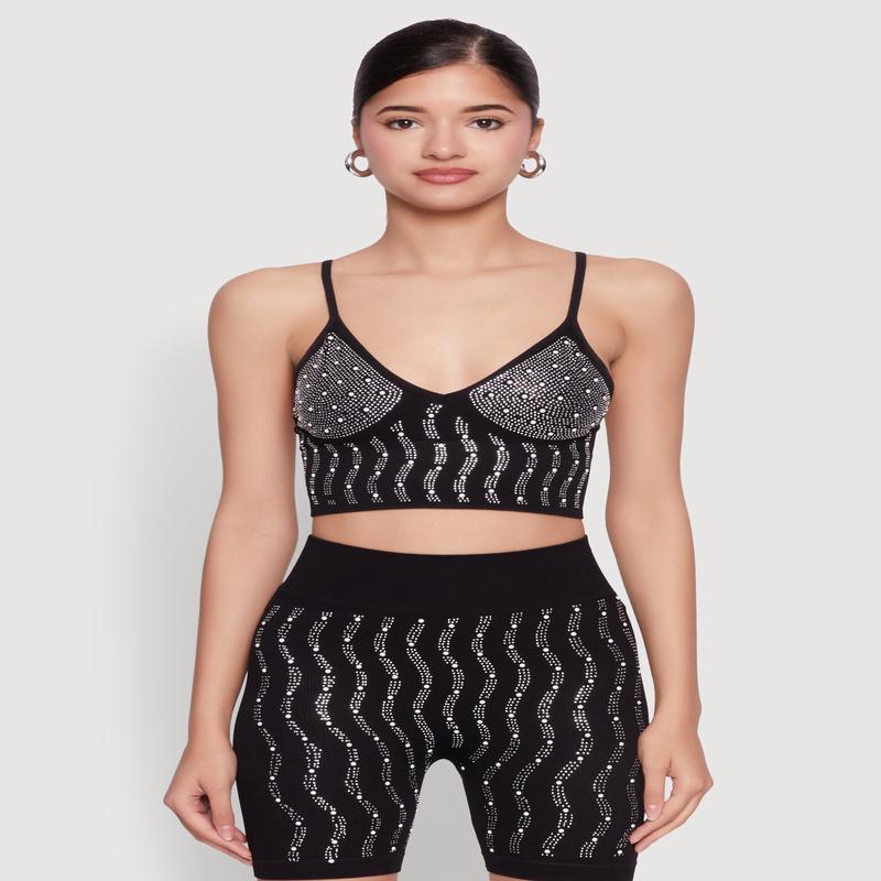 Seamless Rhinestone Faux Pearl Crop Top