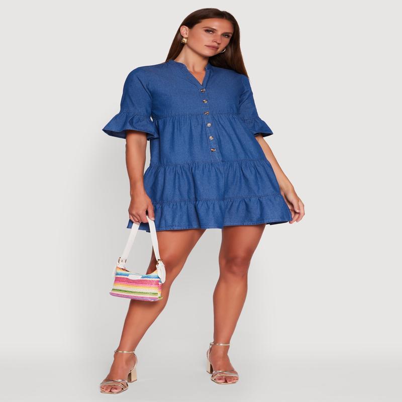 Trendy Denim Button Front Tiered Mini Dress