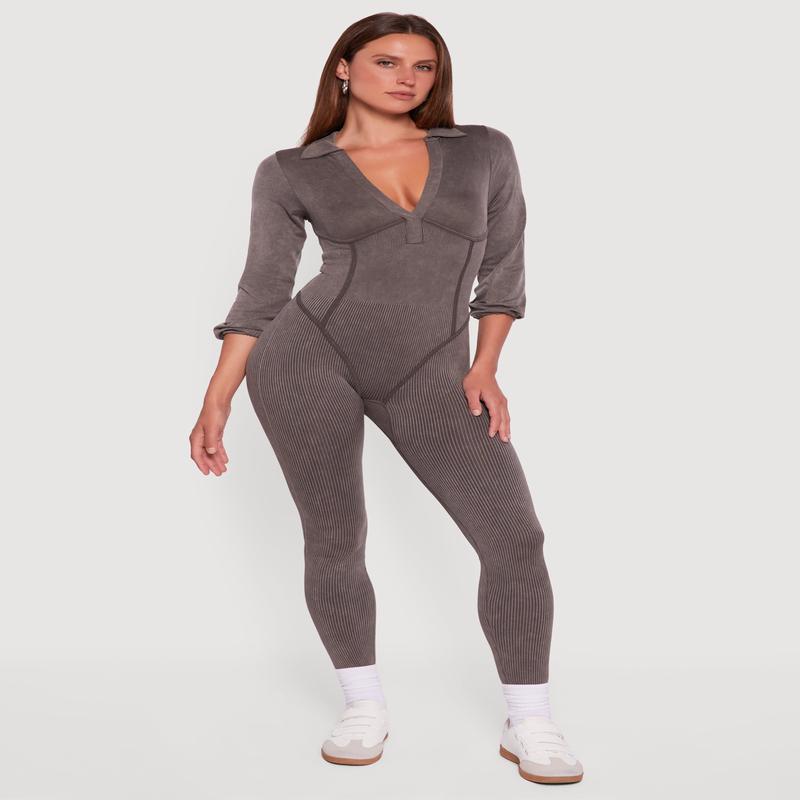 Acid Wash Ribbed Knit Jumpsuit