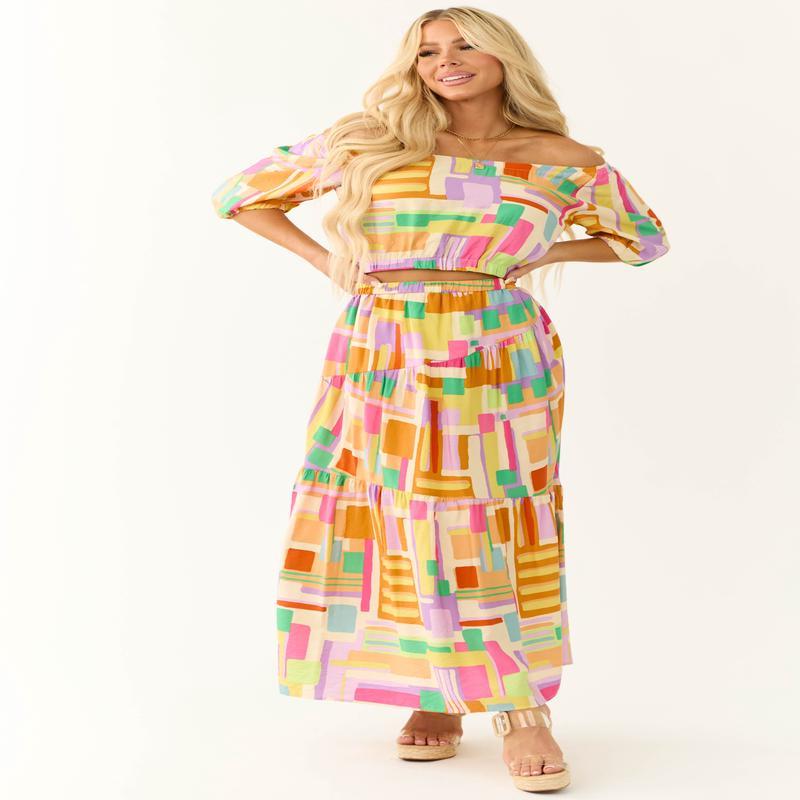 Cream Multicolor Geo Print Maxi Skirt