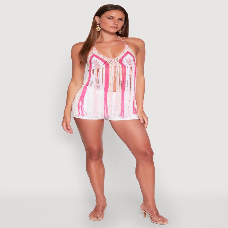 Crochet Striped Fringe Halter Top
