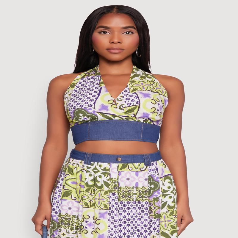 Denim Detail Patterned Halter Top
