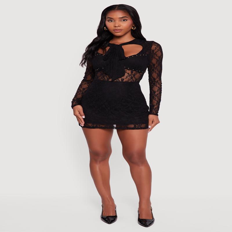 Floral Lace Tie Front Studded Keyhole Detail Micro Dress