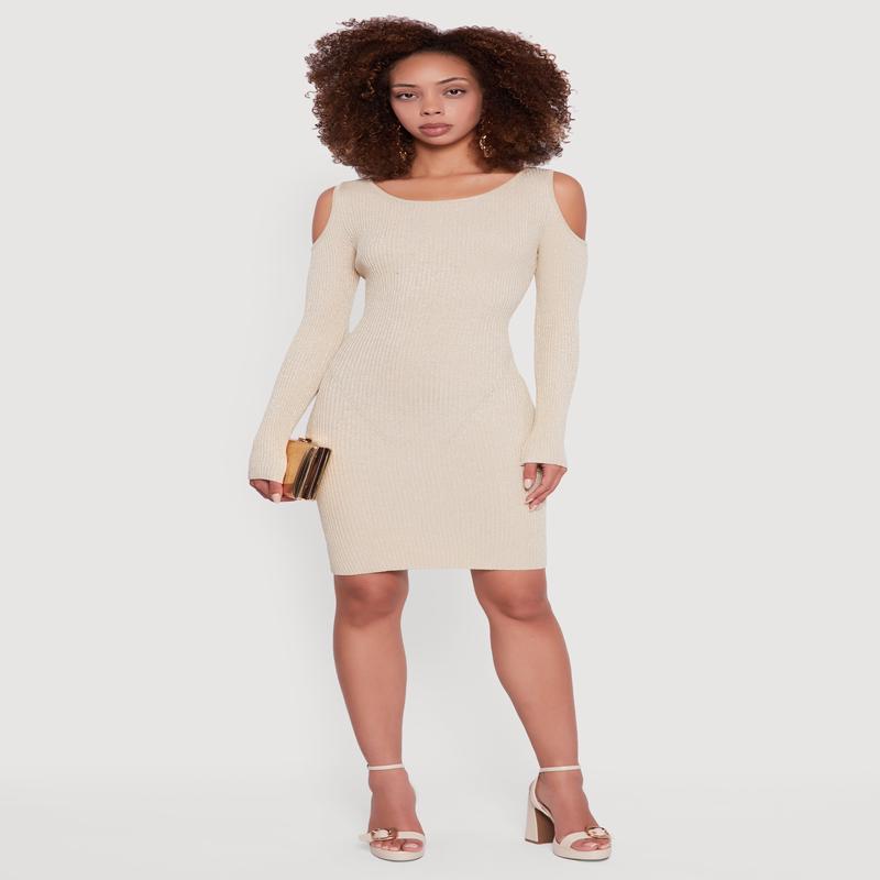 Lurex Rib Knit Cold Shoulder Dress