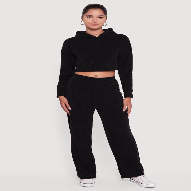 Mid Rise Straight Leg Ribbed Knit Pants