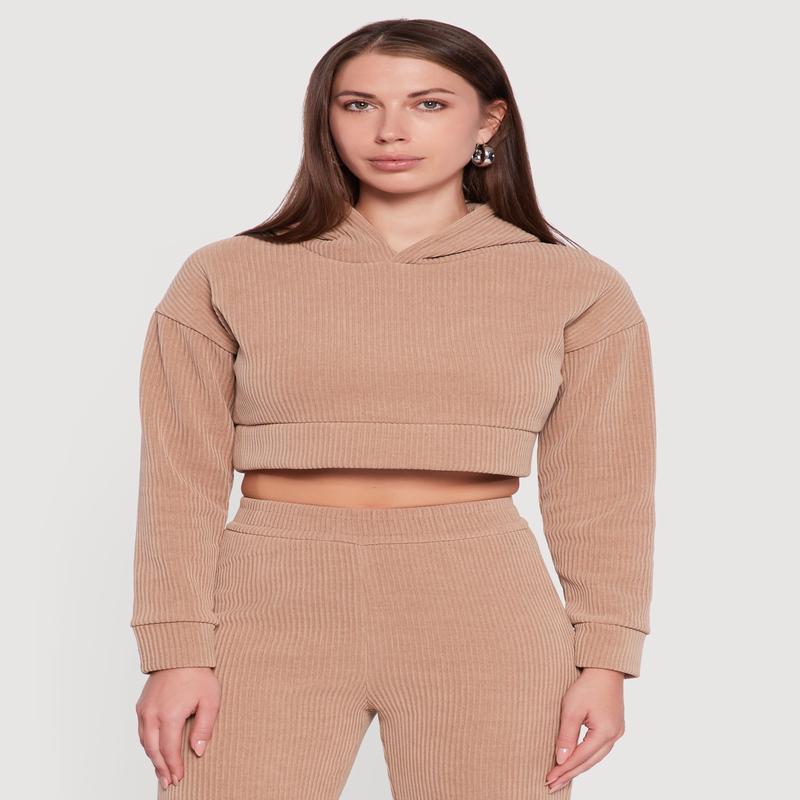 Ribbed Knit Long Sleeve Cropped Hoodie
