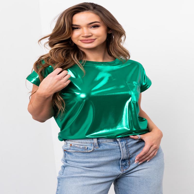 Shiny Shamrock Chest Pocket Cap Sleeve Top