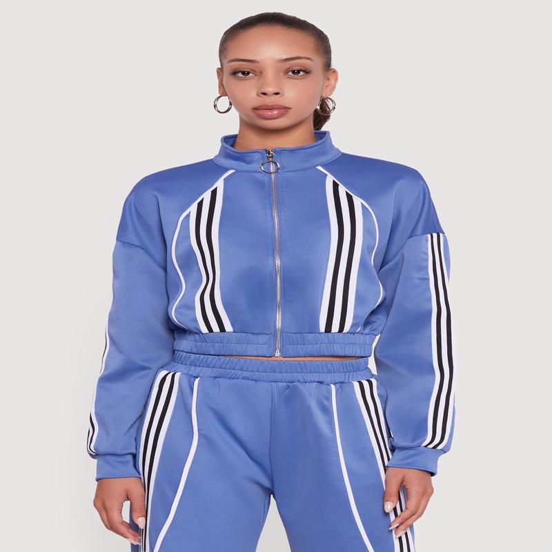 Stripe Detail Cropped Zip Front Track Jacket