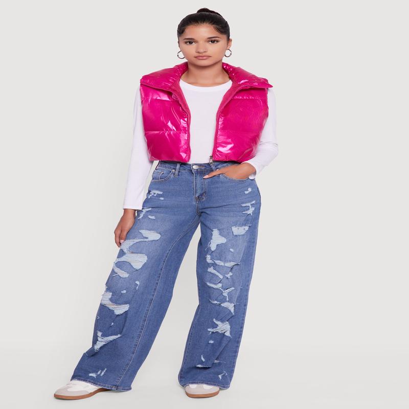 Drawstring Hem Cropped Zip Front Puffer Vest