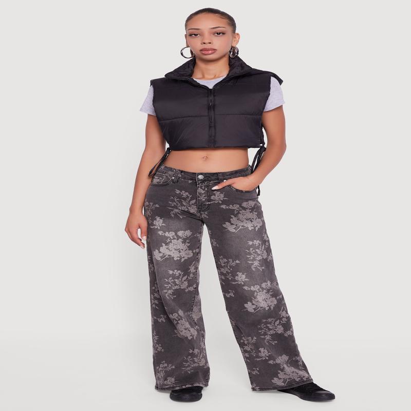 Hooded Cropped Puffer Vest with Open Tie Sides