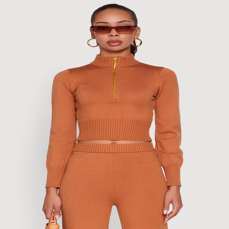 Mock Neck Half Zip Long Sleeve Cropped Sweater