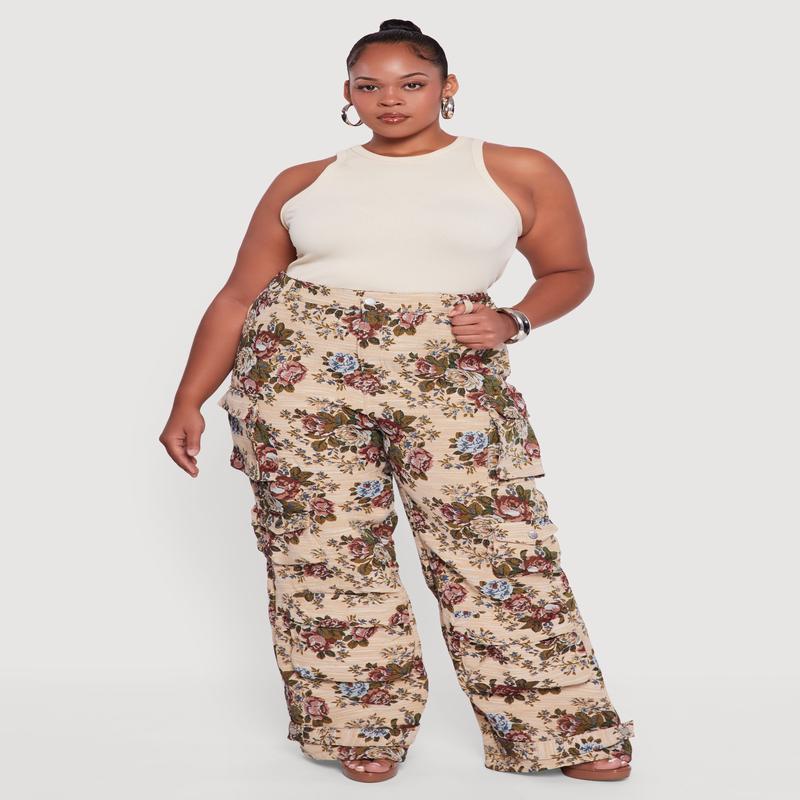 Plus Size Floral Jacquard Wide Leg Utility Pants